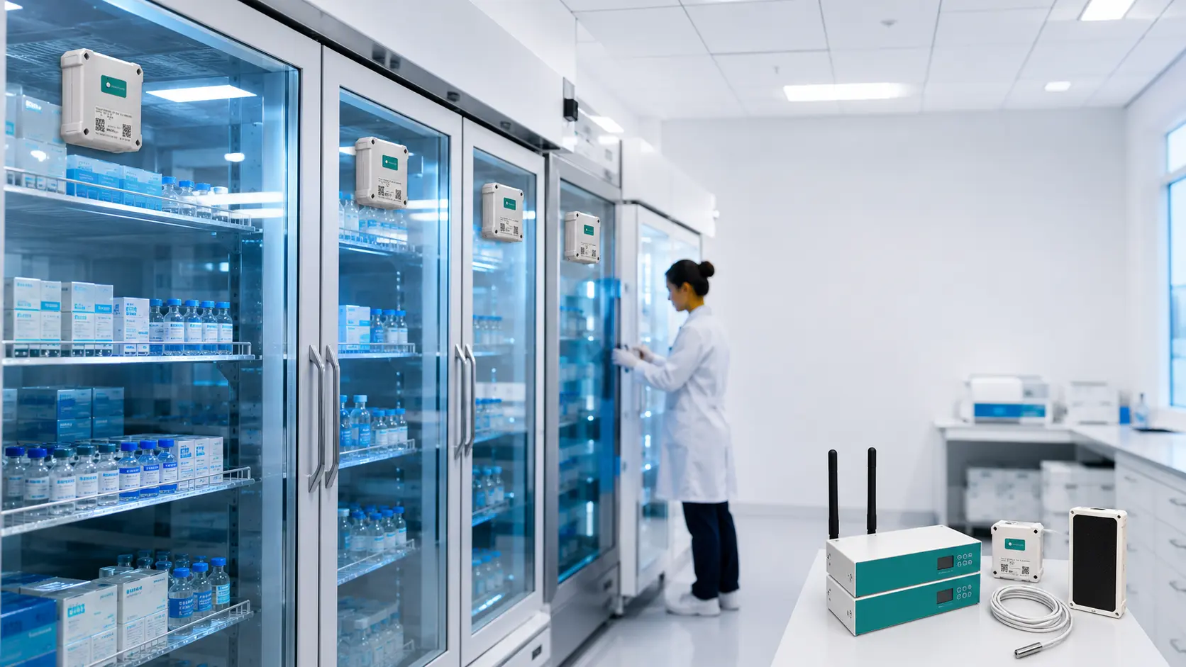 Profissionais da área da saúde utilizando uma solução de monitoramento de temperatura em ambiente laboratorial