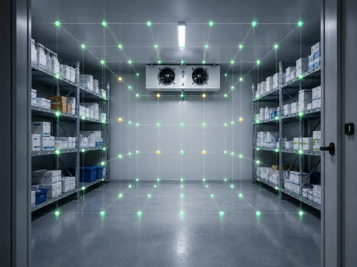 Câmara fria farmacêutica utilizada em ambiente controlado para armazenamento de produtos sensíveis à temperatura