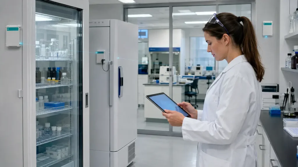 Pesquisadora monitora sensores no laboratório