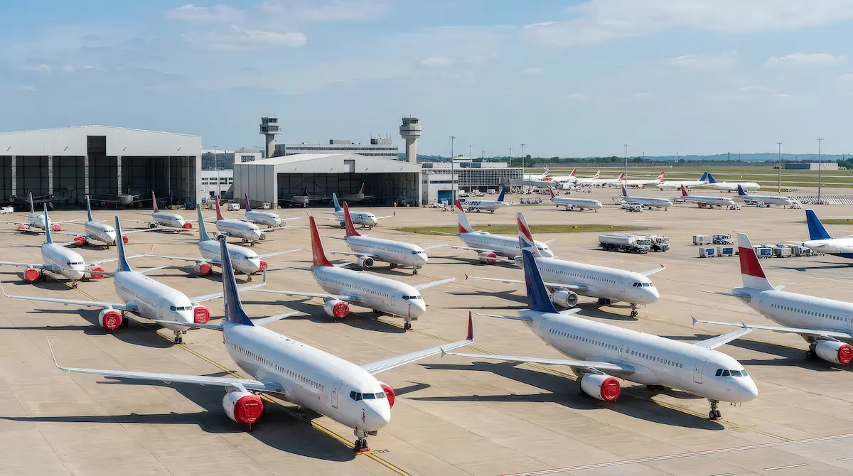 Aeronaves estacionadas na área operacional de um aeroporto