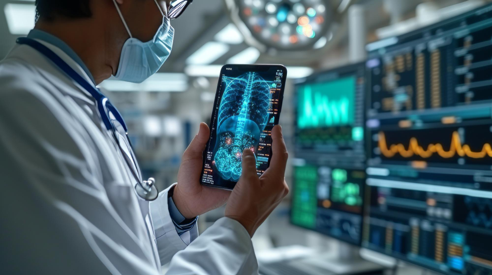 Médico em sala tecnológica utilizando tablet, IoT na área da saúde 