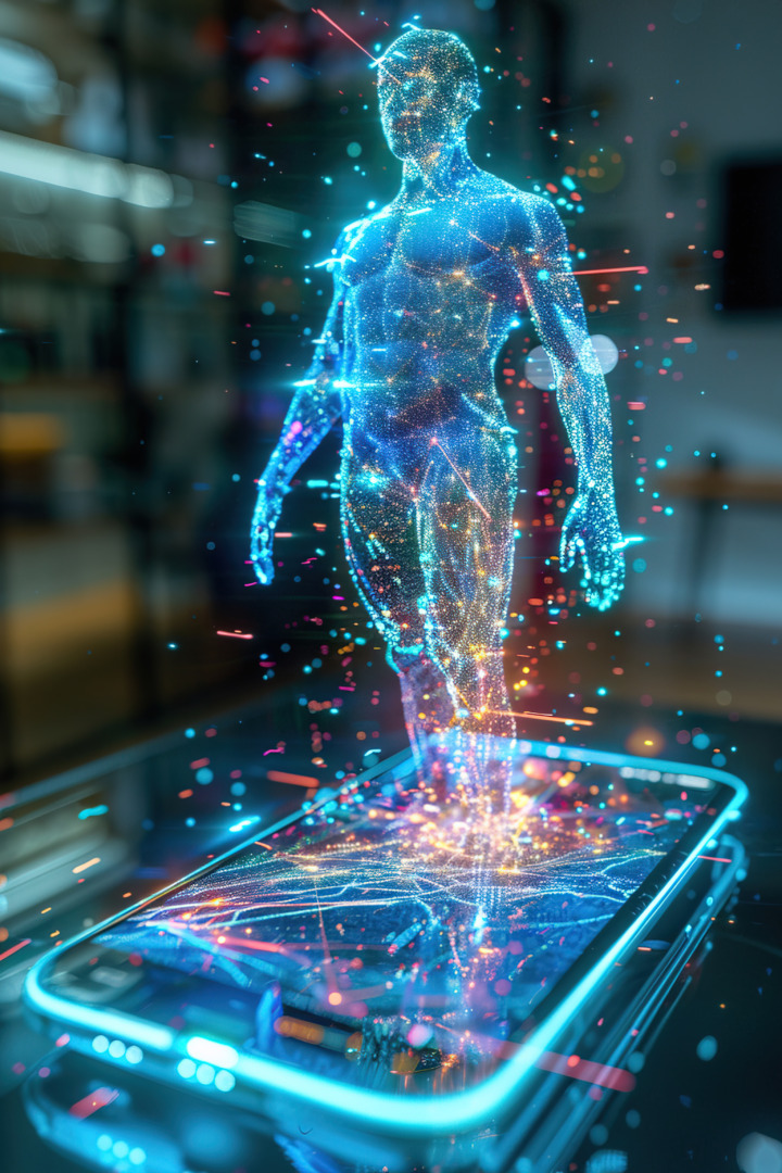 Holograma de um homem criado pela Inteligência artificial, saindo de um celular