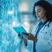 Infográfico sobre interoperabilidade hospitalar com a plataforma Sensorweb, mostrando dispositivos IoT conectados a tablets, nuvem e sistemas de prontuário eletrônico.