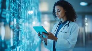 Infográfico sobre interoperabilidade hospitalar com a plataforma Sensorweb, mostrando dispositivos IoT conectados a tablets, nuvem e sistemas de prontuário eletrônico.