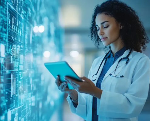 Infográfico sobre interoperabilidade hospitalar com a plataforma Sensorweb, mostrando dispositivos IoT conectados a tablets, nuvem e sistemas de prontuário eletrônico.