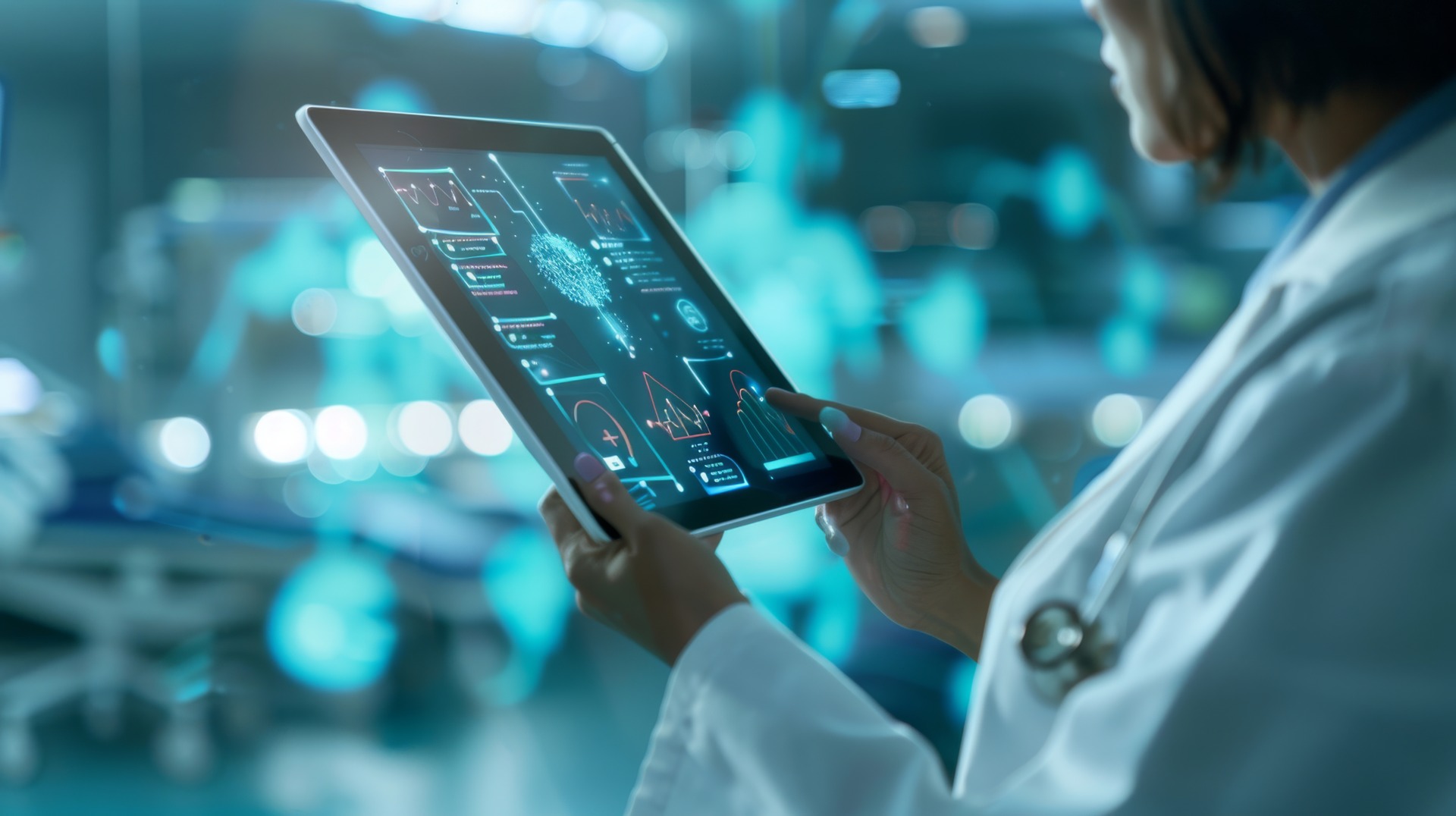Médico analisando dados de seu paciente com tenologia avançada | IA na saúde
