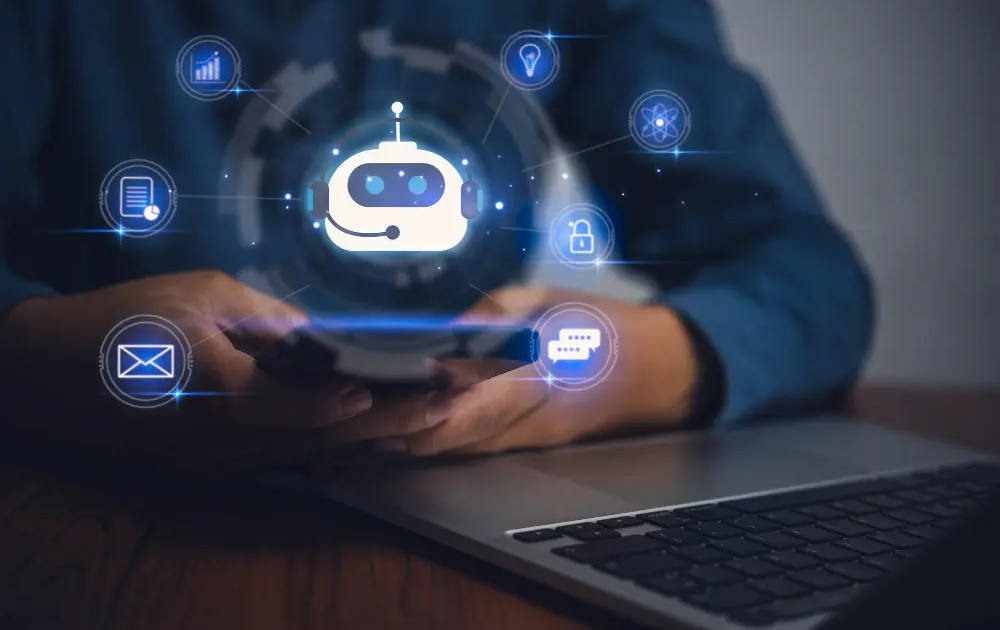 Representação de um paciente interagindo com telefone, WhatsApp e aplicativo de forma integrada, conceito Omnichannel.